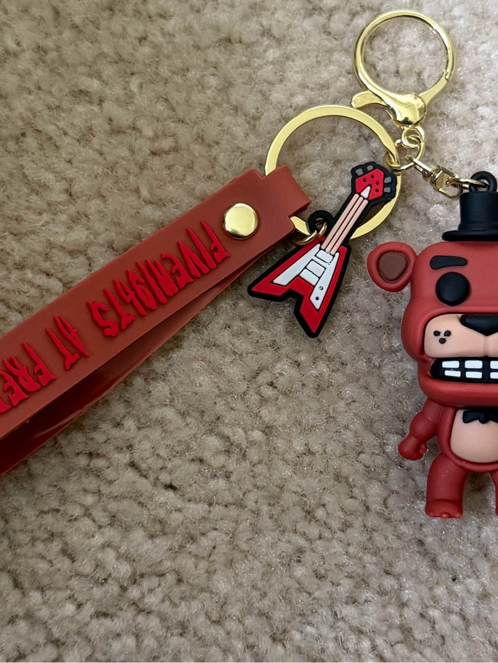 Red Bear Character Keychain with Guitar Charm and Strap